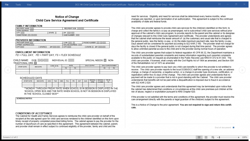 Sample of the notice of change certificate