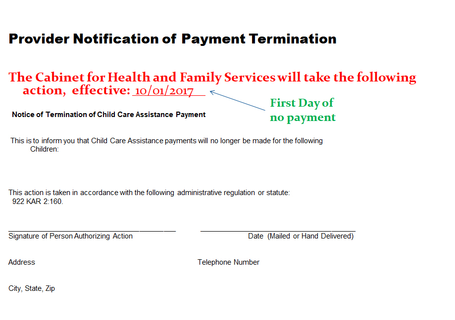 example of the provider notification of payment termination