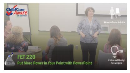 The course catalog image for FET 220 features a woman at the front of an audience, speaking. Her arms are extended, as though she's making a point.