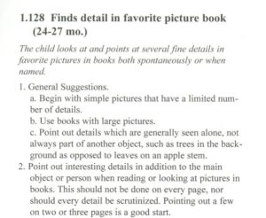 Help activity guide example for 1.128 finds details in favorite picture book (24-27 mo).