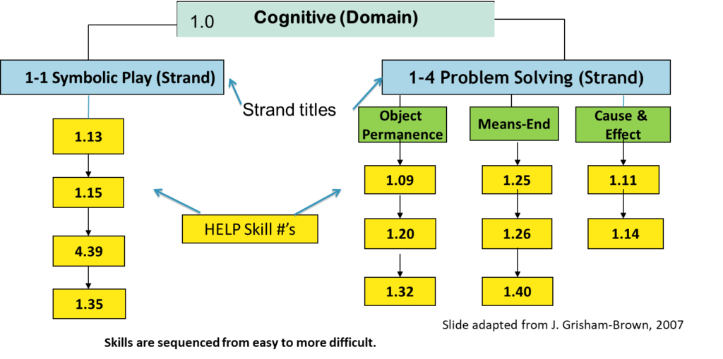 The flow chart for the cognitive domain 1 that shows how the skills are split between strands 1-1 and 1-4