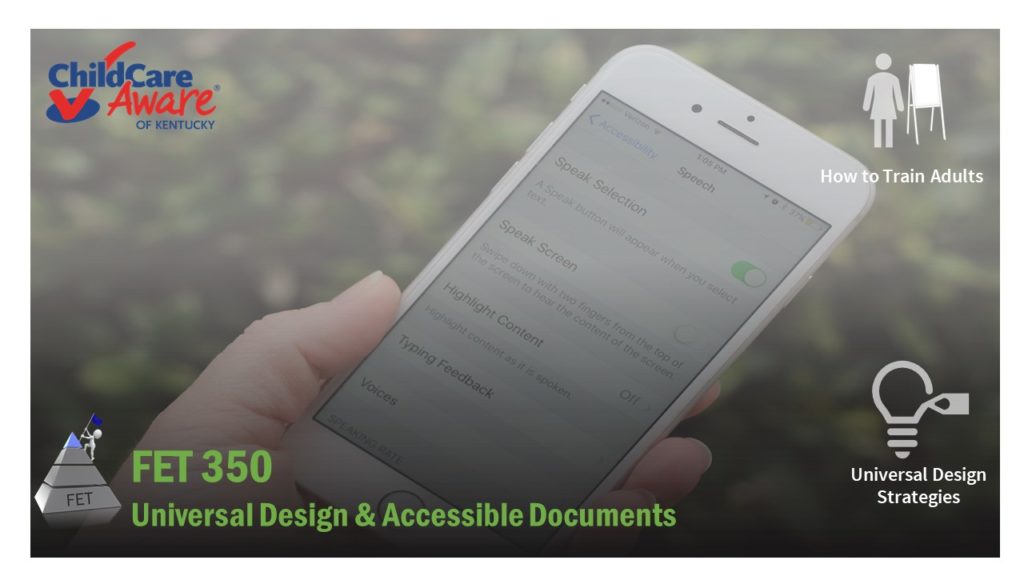 The course catalog image for FET 350 features a person holding a smart phone. On the screen are the accessibility features for ios.