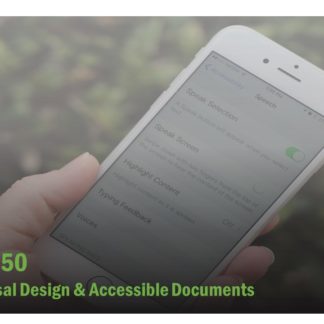 The course catalog image for FET 350 features a person holding a smart phone. On the screen are the accessibility features for ios.