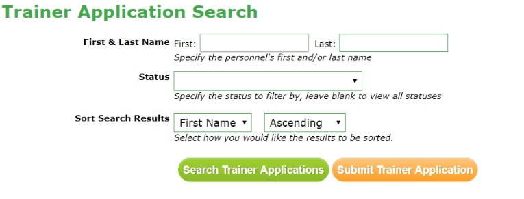 Trainer Application Search web page element
