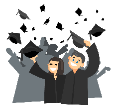 Graphic with two students in the front wearing graduation caps and gown. There are other students with cap and gowns in the background but they are greyed out.