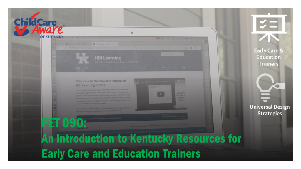 The FET 090 course catalog image is a photo of a computer with the HDI online learning center