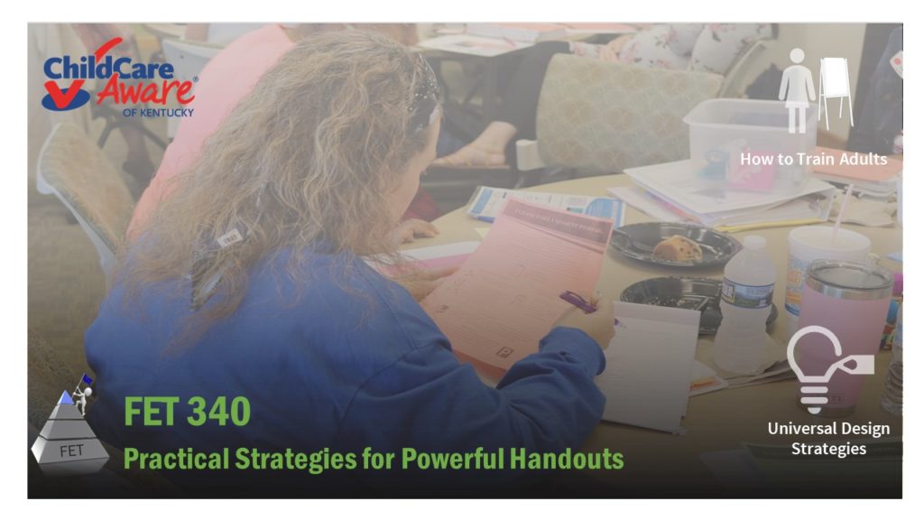 The course catalog image for FET 340 is the back of a woman at a training, featuring the handout she is holding.