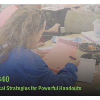 The course catalog image for FET 340 is the back of a woman at a training, featuring the handout she is holding.