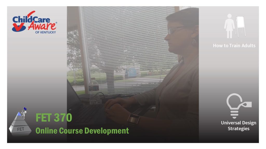 Course catalog image for FET 370 features a woman on a computer, sitting in front of a window.
