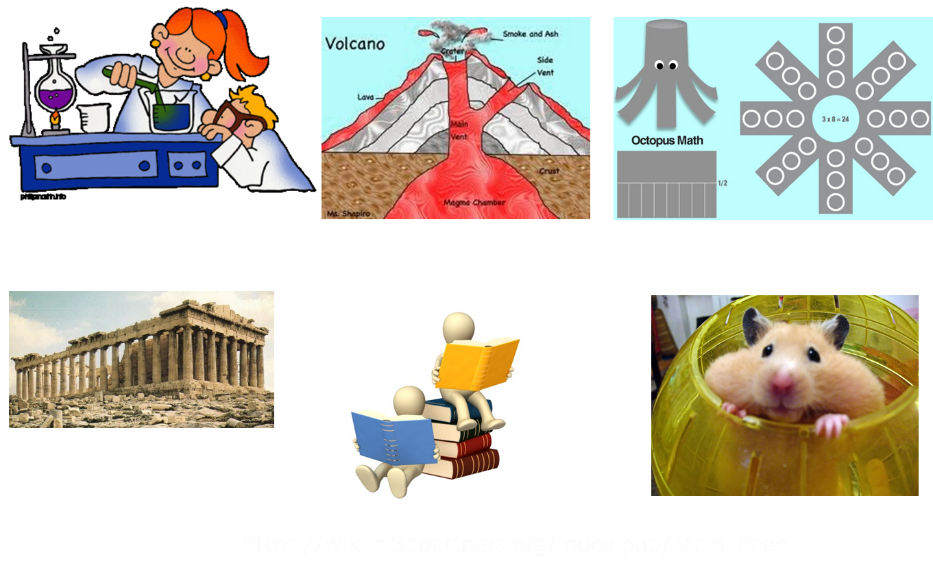 This is a collection of clip art. The first clip is a woman mixing chemicals in what might be a science classroom. A student stands at the end of the table peering at the chemicals. The next shows the parts of a volcano, including the lava, crater, smoke and ash, side vent, main vent, magma chamber, and crust. The third clip is an outline of how to create an octopus out of paper. On the next row, the fourth clip is the ruins of a greek building. The fifth clip is two people sitting on books reading. The sixth and last clip is a hamster peeking out of a yellow ball.