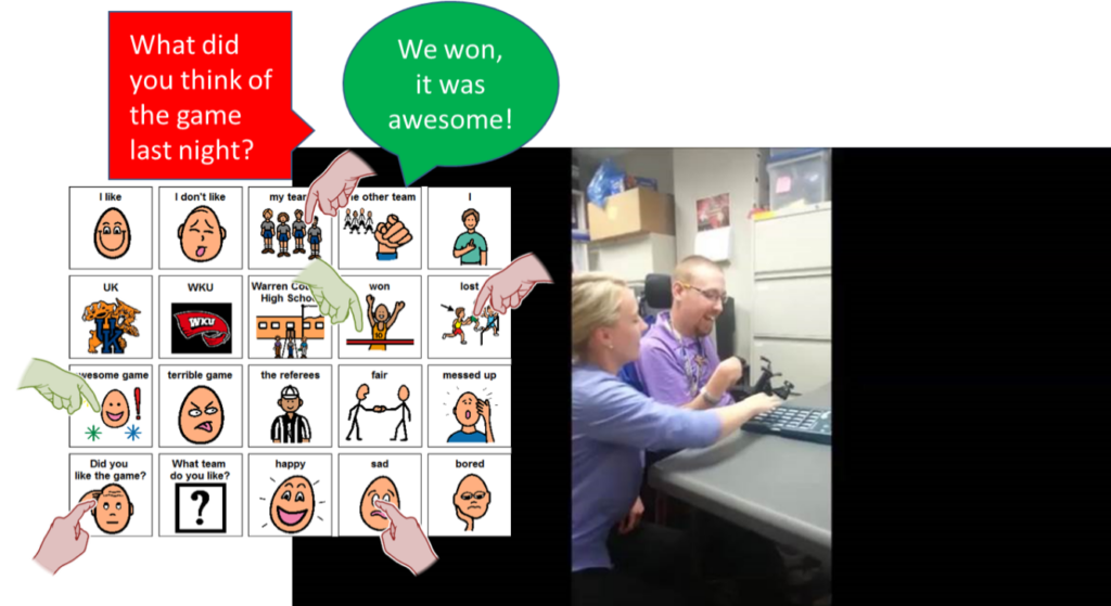 A core board has a series of hand gestures pointing to statements. There is a red speech bubble that says "What did you think of the game last night?" The next speech bubble is green and states "We won, it was awesome!"