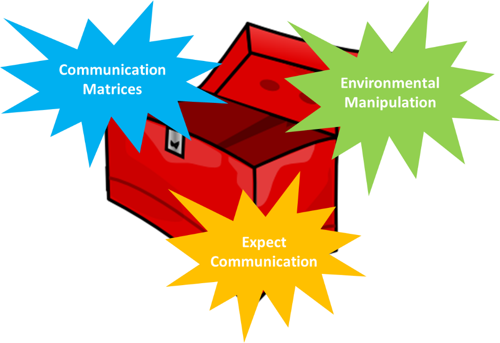 A box with word art emerging. The word art includes Communication Matrices, Expect Communication, and Environmental Manipulation