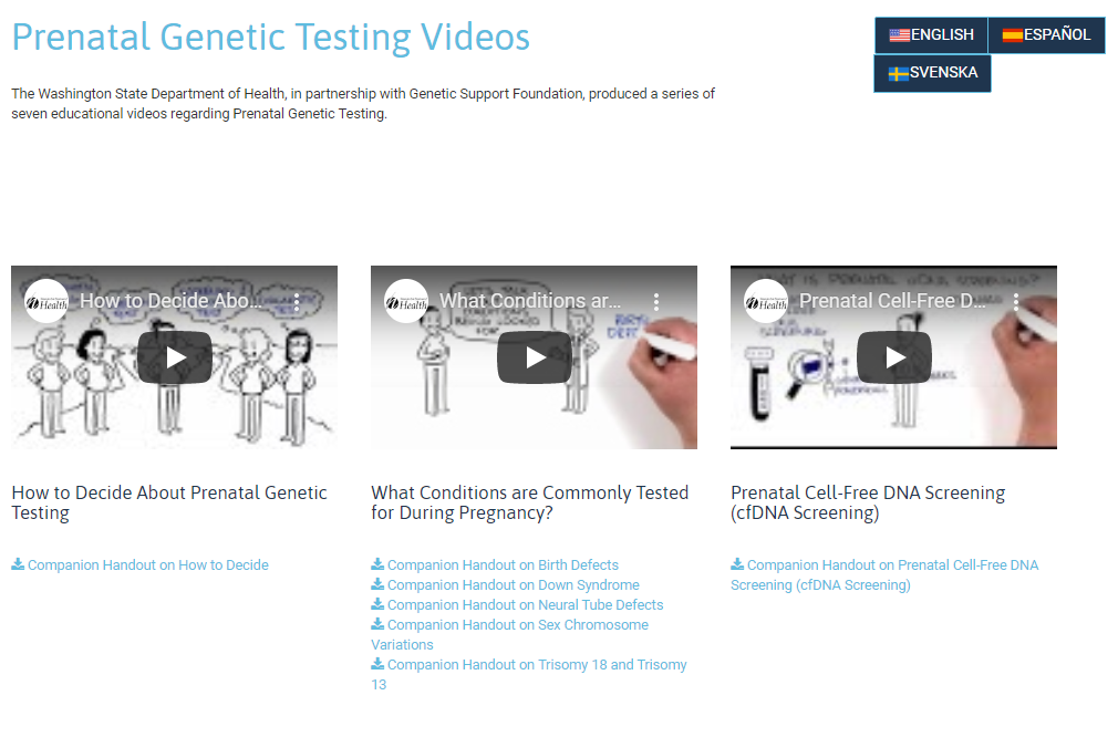 A screenshot of the prenatal testing video library at the University of Washington