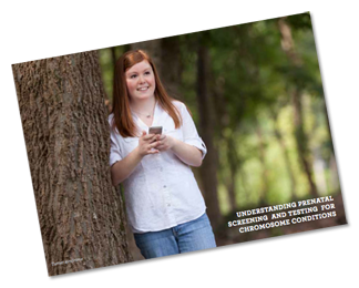 The cover of Understannding Prenatal Screening and Testing for Chromosome Conditions features a woman standing against a tree, holding a phone