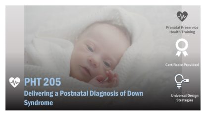 The course catalog image for PHT 205 features an infant with Down syndrome wrapped in a white blanket.