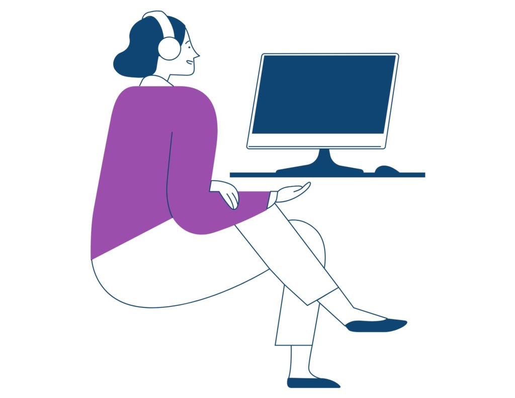An illustration of a woman sitting at a laptop. On her head are headphones. Her hair is blue, her shirt is purple.