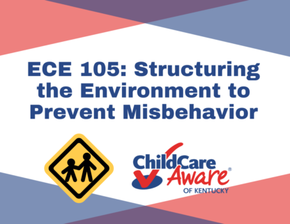 The ECE 105 course image features the course name, the child care aware logo, and an image of an adult holding the hand of a child.