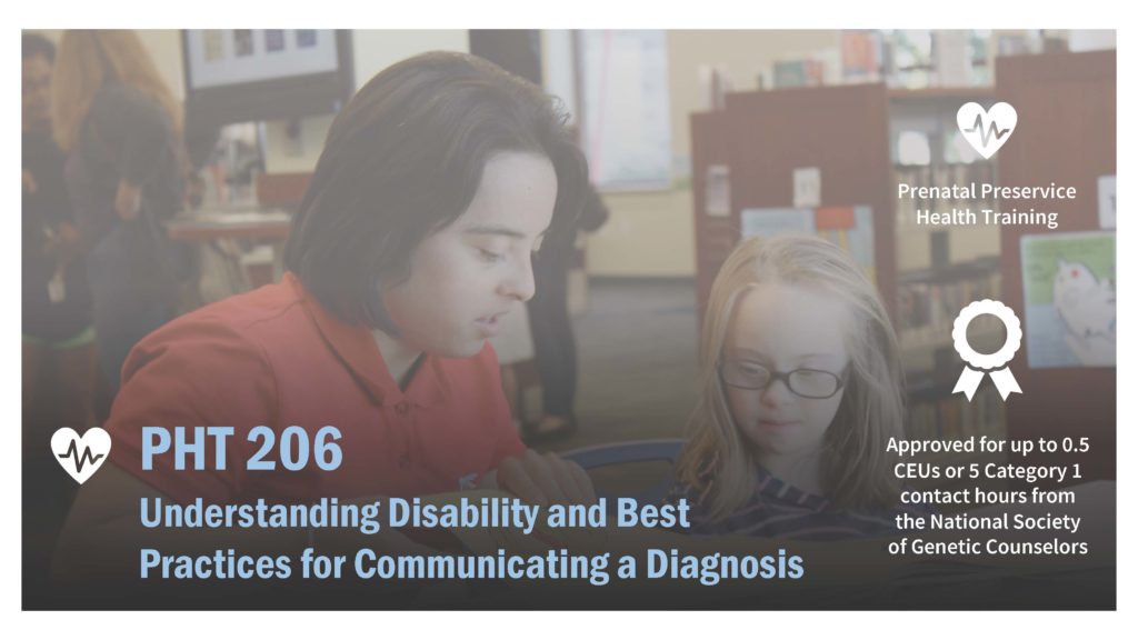 The PHT 206 course image features a teacher with Down syndrome reading at a table to a girl.