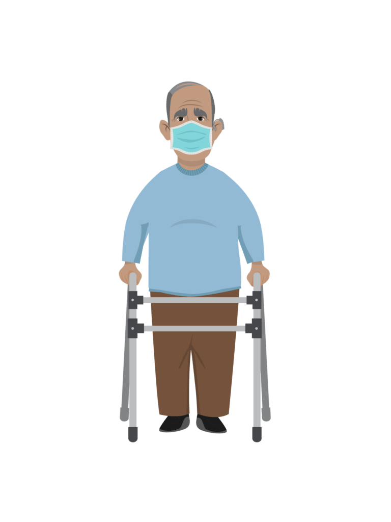 Reuben, a Latino man in his 60s, wears a facemask and uses a walker. 