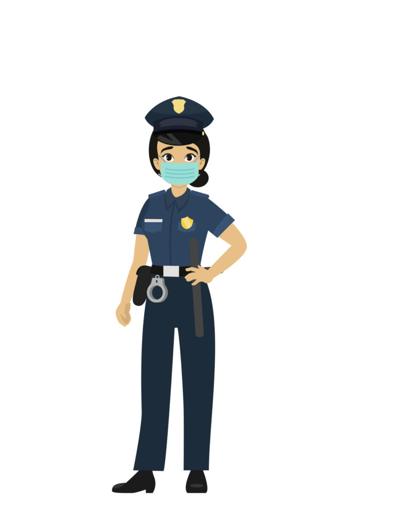 Elisa, a Latino woman, wears a police uniform and facemask