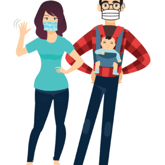 Marco, Franny and their baby Juniper stand together. Wearing facemasks, Franny signs "Hello" in ASL and Marco has Juniper in a front-facing baby carrier