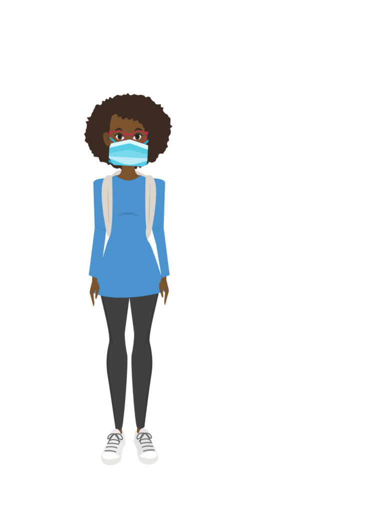 Sondra, a Black woman in her 20s, wears a facemask and eyeglasses 