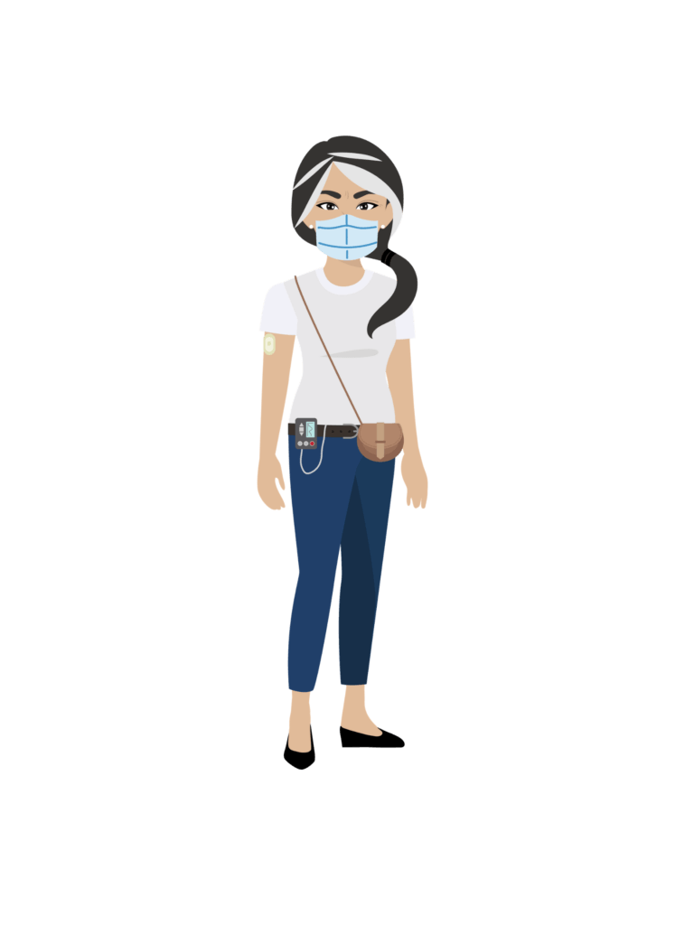 Rachel, a white woman in her 40s, wears a facemask and glucose monitor on her upper arm