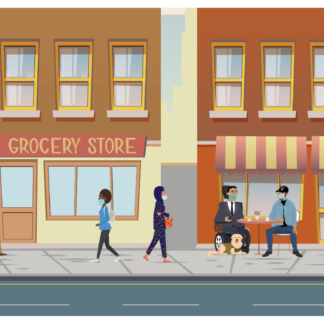 Communiity members of different ages, genders, abilities, and races are in downtown Disasterville near a grocery store, all wearing face masks. Some people are walking in groups and some are sitting down at tables talking. Two people have service animals.
