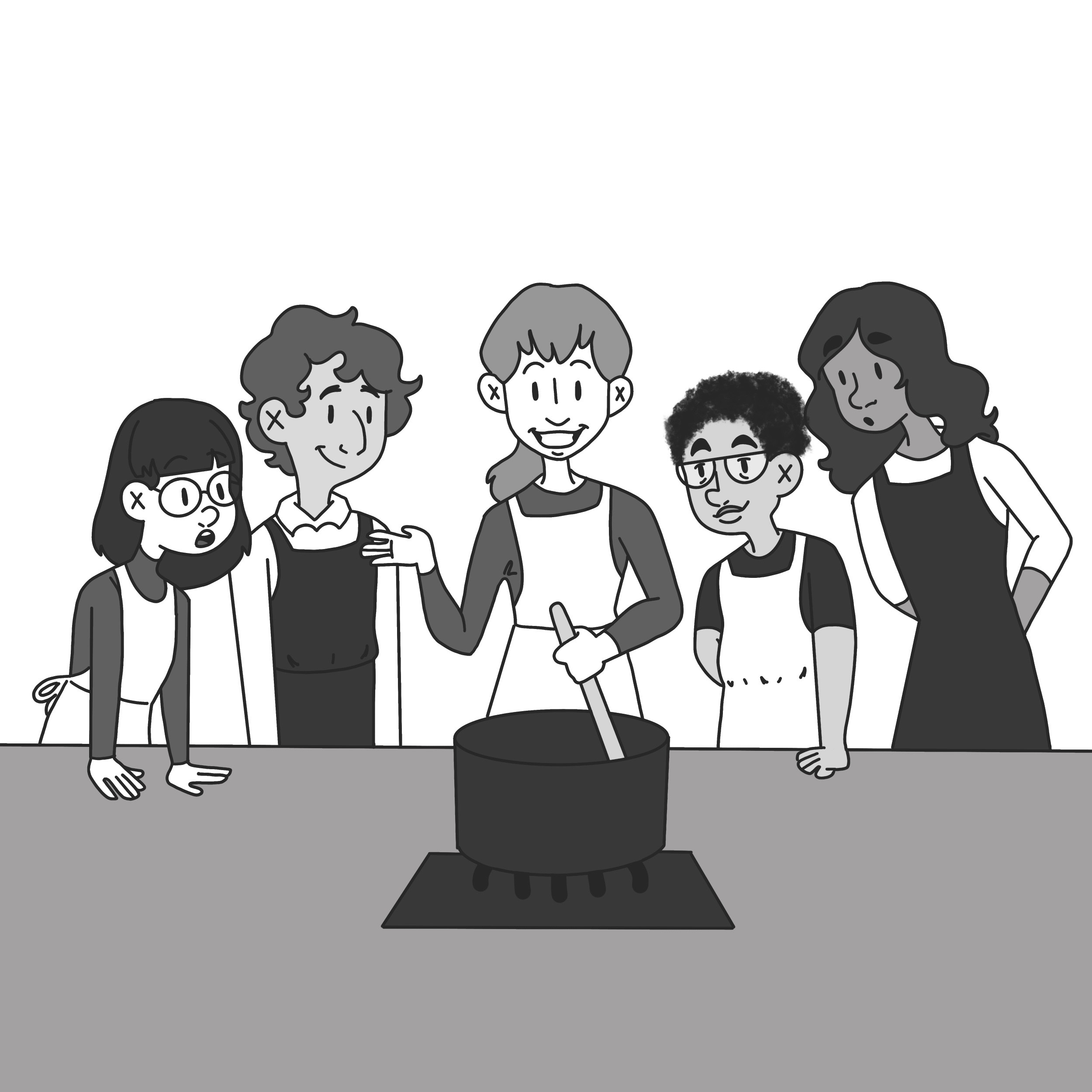 Teacher showing students how to prepare a cake, including Huxley.