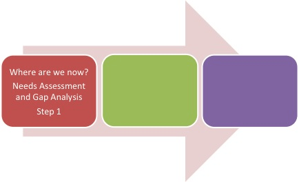 arrow with three boxes, one is filled in reading "where are we now? needs assessment and gap analysis step 1"