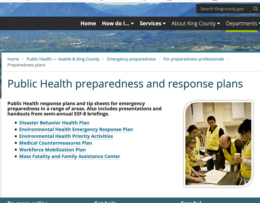 Screenshot of webpage reading "King County Public Health Preparedness and Response Plans"