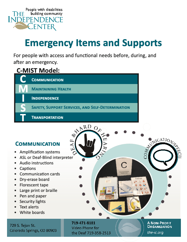 Overview of emergency items and supports before, during, and after an emergency following the CMIST framework