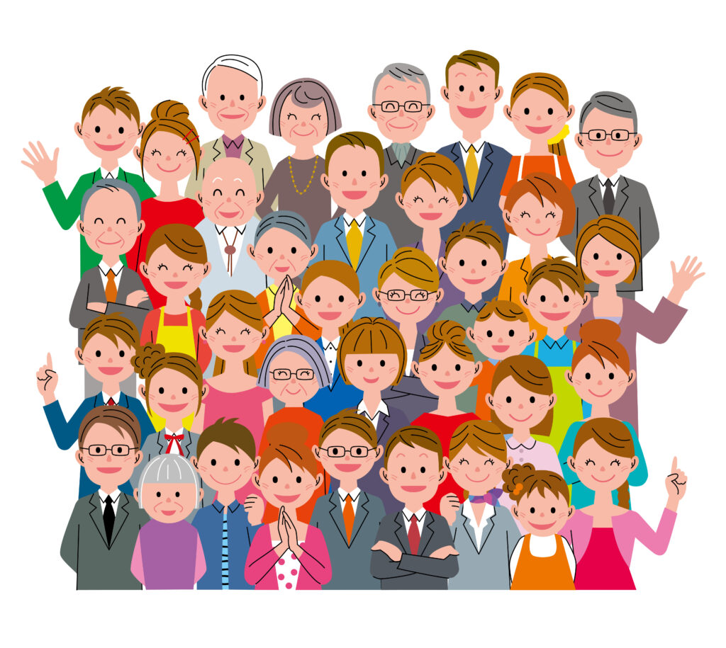 Illustration with many people, most of whom are waving