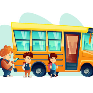 Vector illustration of children get on school bus on the stop sign. Transportation pupil. Banner for internet, design.