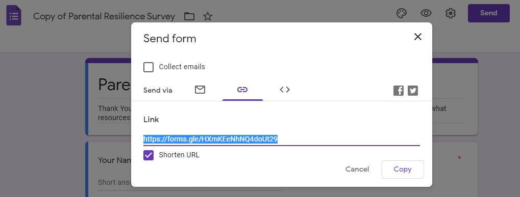 Screenshot of the Google Forms Send Form modal with the Link tab selected.