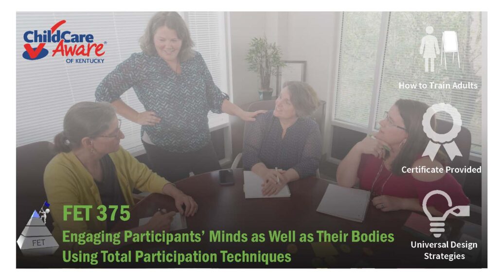 Catalog image with 4 people around a conference table talking and training details overtop of picture.