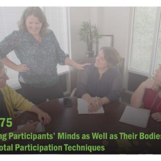 Catalog image with 4 people around a conference table talking and training details overtop of picture.