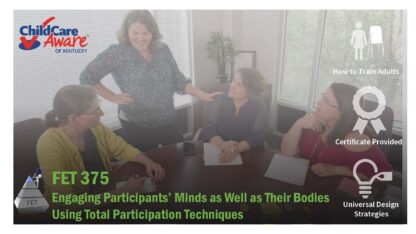 Catalog image with 4 people around a conference table talking and training details overtop of picture.