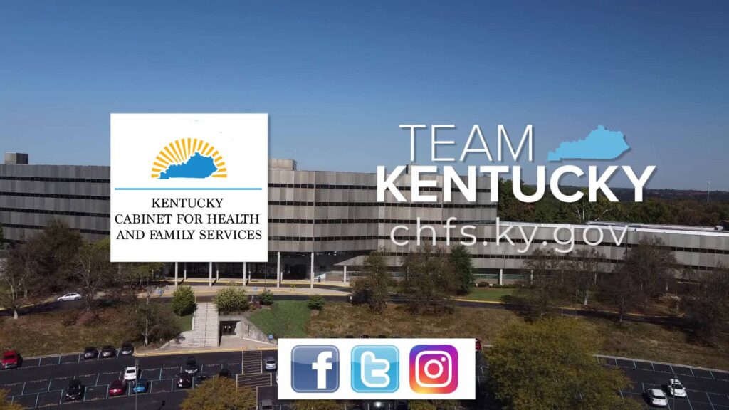 Kentucky Cabinet for Health and Family Services building with CHFS logo, website, and social media images.