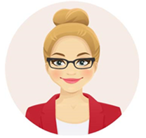 Illustration of a woman with blonde hair in a bun wearing a read jack and black glasses