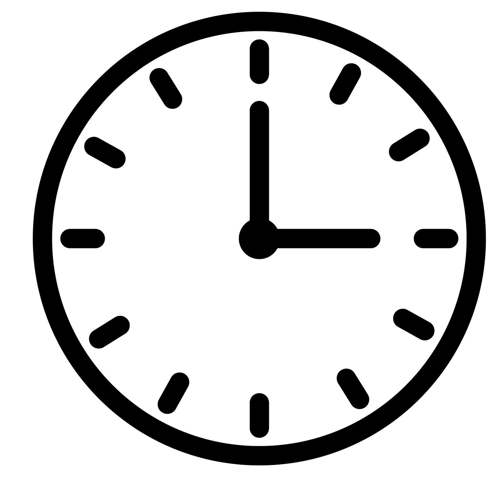 Black and white illustration of a clock showing exactly 3 o'clock.