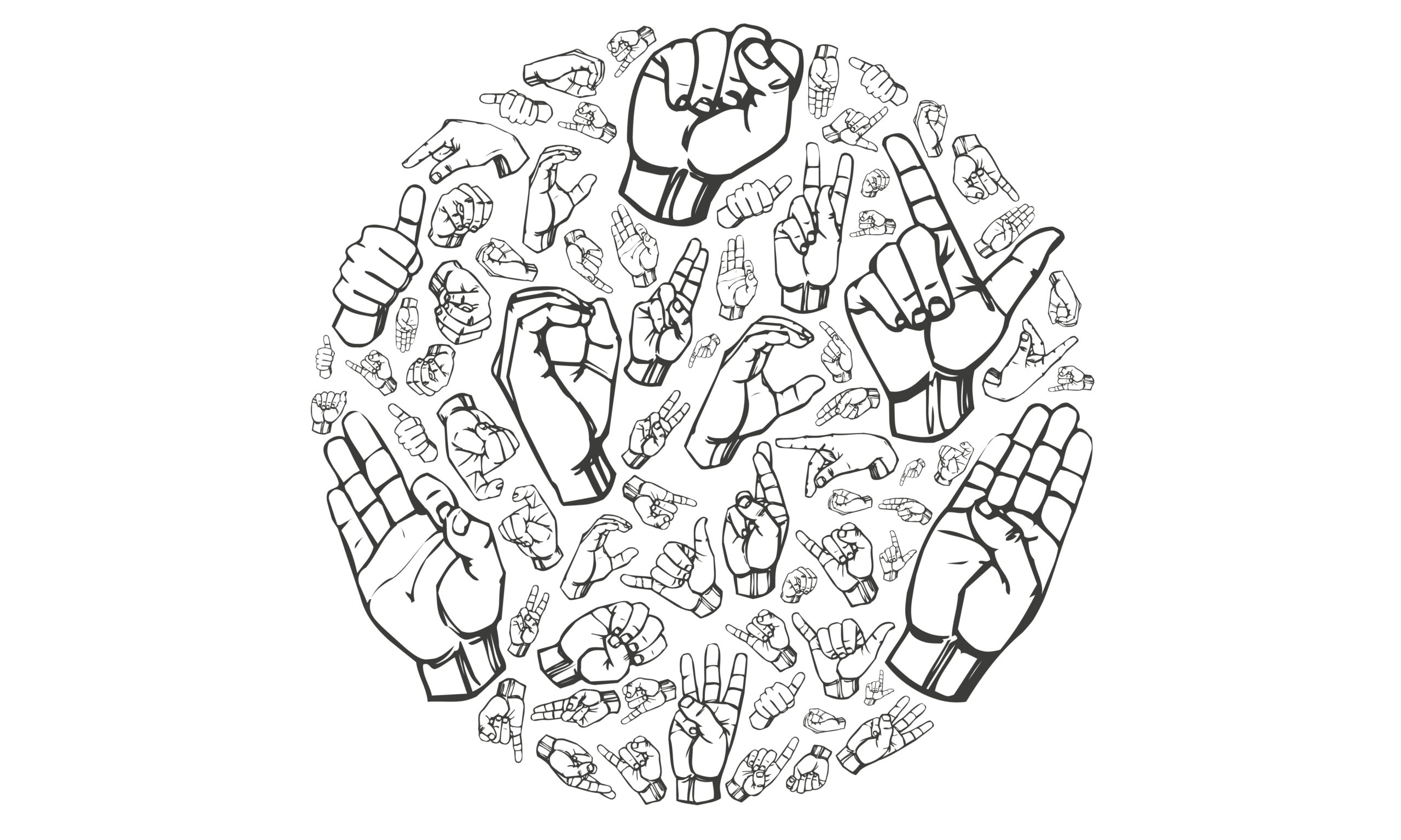 Hands forming various ASL signs.