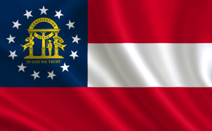 Georgia state flag image, blue square on upper left with the Georgia seal, white bar on upper right. Red bar below.