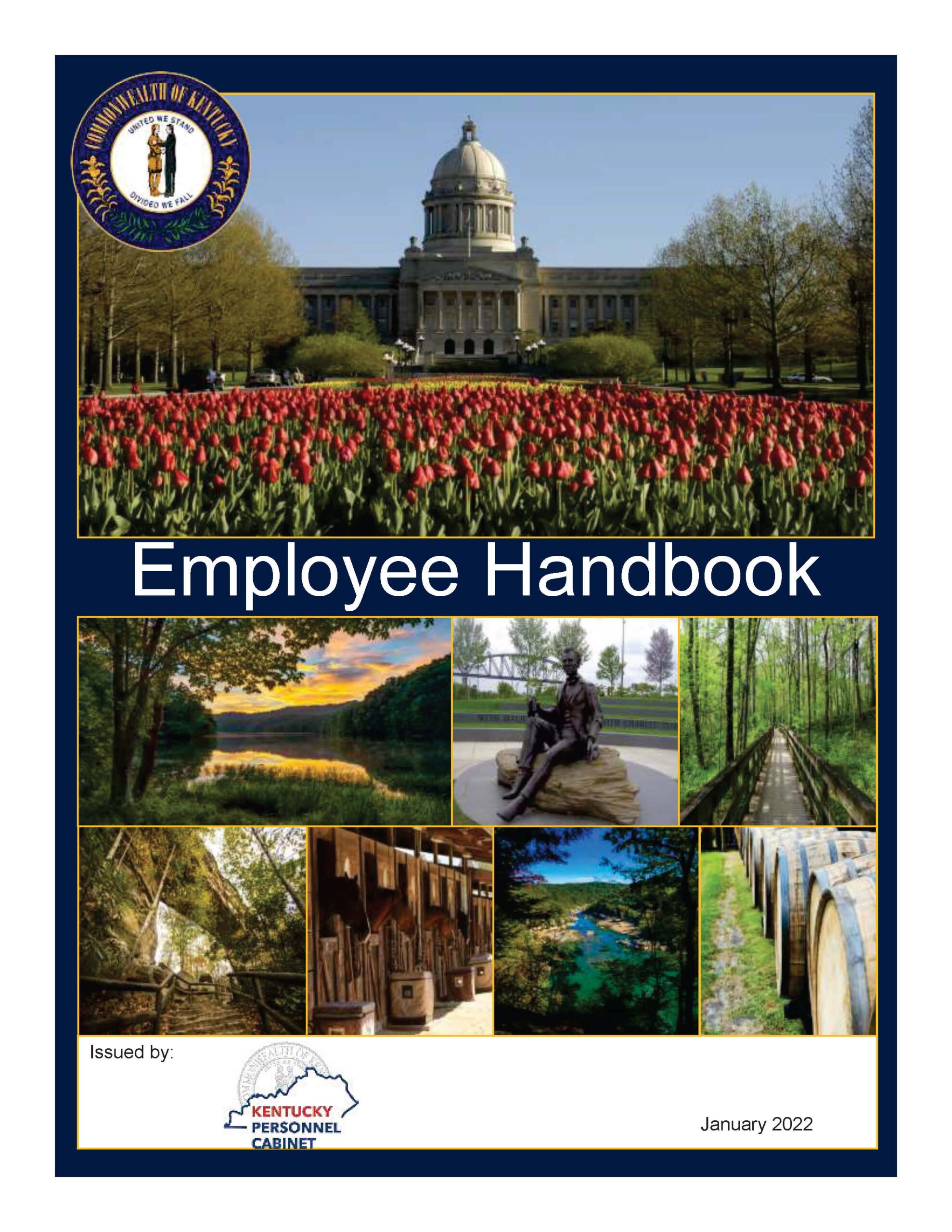Front of the employee handbook with various images including state capitol building, whiskey barrels, a nature scenes.