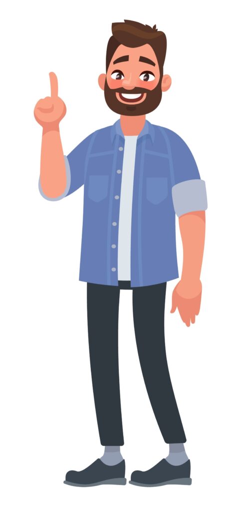 Illustration of Theo holding pointer finger in the air. Wearing blue shirt and black pants.