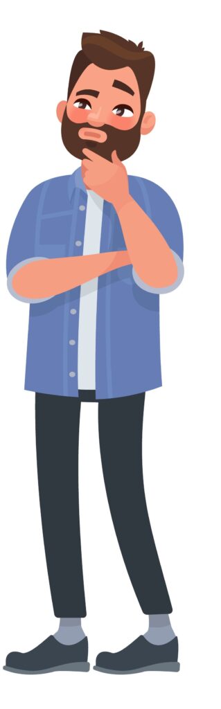 Illustration of Theo in a thinking pose. Wearing a blue shirt and black pants.