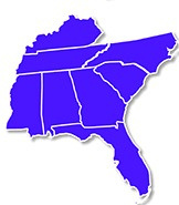 Illustration of a map view of the southeast region with states grouped together.