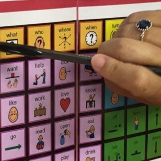 a close up of a hand pointing to a word on a core board