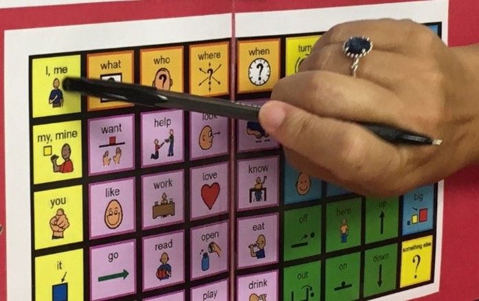 a close up of a hand pointing to a word on a core board