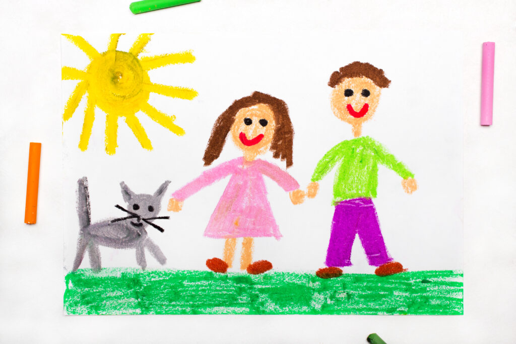 Crayon drawing of a sun, cat, and two people smiling.